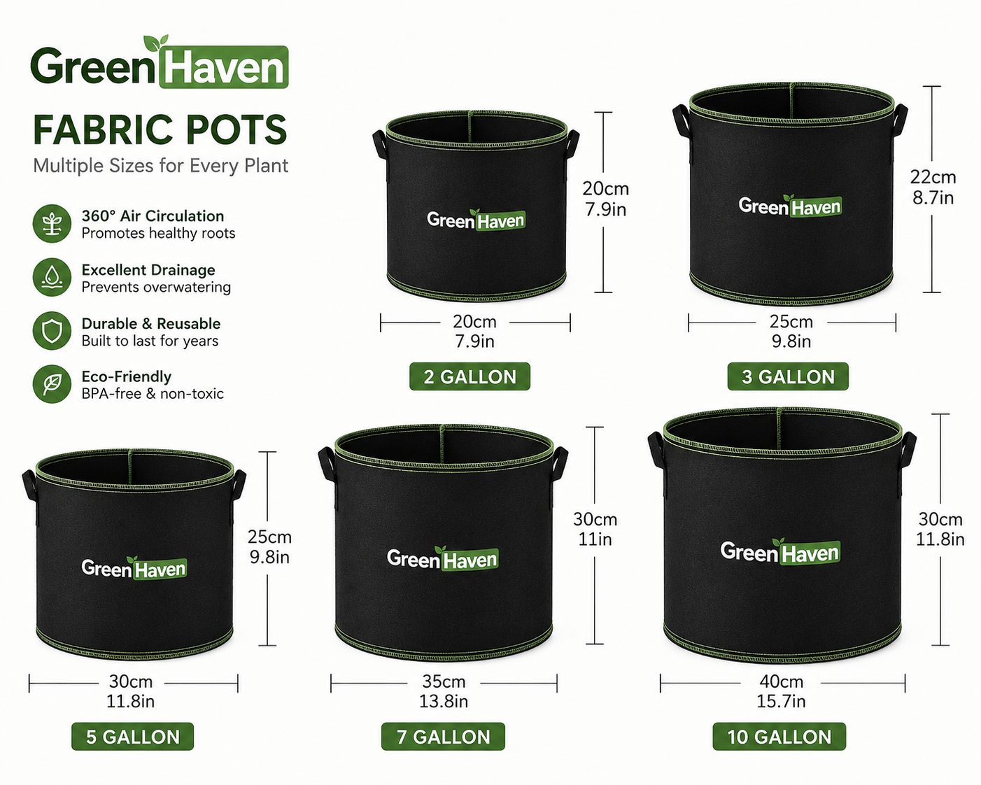 GreenHaven Fabric Grow Bags — Breathable Pots for Vegetables, Herbs & Flowers